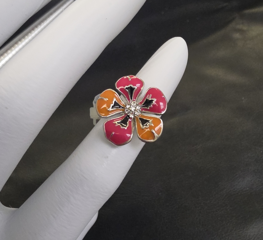 Flower Enamel Cocktail Ring - Pink & Orange